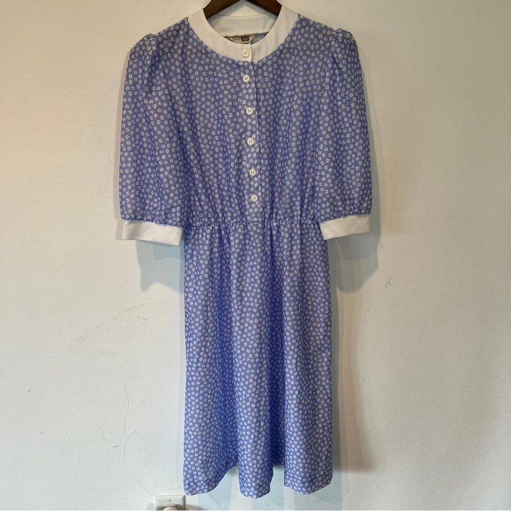 Vintage The Fashion Place Blue and White Coffee Bean Half Button Up Midi Dress - Picture 2 of 12